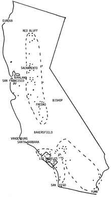 Map of some tornado locations in California