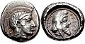Coin of the dynast of Lycia, Kherei, with Athena on the obverse, and himself wearing the Persian cap on the reverse. 410–390 BC.