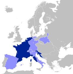 Location of Illyrian Provinces (south-east dark blue) – in the First French Empire (dark blue) – in French client states (light blue)