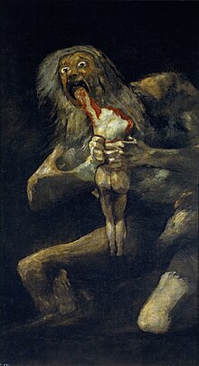 Painting by Goya depicting the myth of Saturn, the god devouring his children
