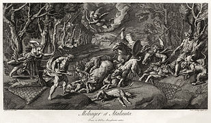 Meleager et Atalanta, from a drawing by Giulio Romano, engraved by François Louis Lonsing. Atalanta is at far left with bow; Meleager is right of her, spearing the Calydonian boar (1773).