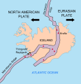 Image 10Mid-Atlantic Ridge and adjacent plates. Volcanoes indicated in red. (from History of Iceland)