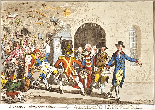 In Integrity retiring from Office! (1801), James Gillray caricatured the resignation of Pitt's ministry in 1801.