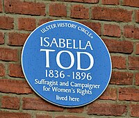 Blue plaque in Belfast commemorating Isabella Tod, founder of the Irish Women's Suffrage Society