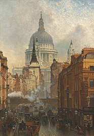 Oil painting, John O'Connor, Evening on Ludgate Hill (1887) St Paul's looms beyond St Martin's