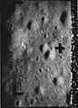 Last picture by Ranger 7, taken about 1,600 feet (490 m) above the moon, reveals features as small as 15 inches (0.38 m) across. Receiver noise pattern at right results from spacecraft crash on the moon while transmitting.