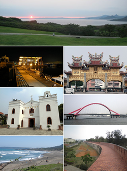Left:Sunset view of Erluanbi Light House in Kenting National Park, Baisha Port in Lamay Island, Wanchin Immaculate Conception Church, Jialeshui Beach, Right:Donggang Donglong Temple, Jinde Bridge in Donggang River, Hengchun Ancient City Wall (all item from above to bottom)