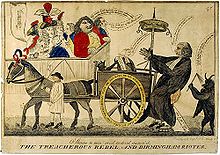 Karikatur einer Pferdekutsche mit einem vom Teufel ausgepeitschten Mann und jubelnden Zuschauern