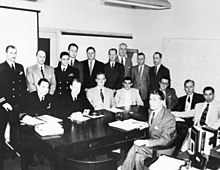 At a meeting of Project Orbiter on March 16, 1954, Fred C. Durant is seen seated at the table, second from the left.