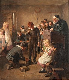"The truant's log" (1899) painting by Ralph Henley depicts a schoolboy being punished for truancy
