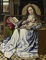 Netherlandish, before 1430. A religious scene where objects in a realistic domestic setting contain symbolism. A wicker firescreen serves as a halo.