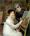 Artist Rolinda Sharples wears her hair in a mass of curls; her mother wears a sheer indoor cap, c. 1820.