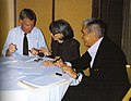 Robert Sweeney, Harriett Gold and Peter Noever, signing of corporation agreement between Friends of the Schindler House (FOSH) and the Republic of Austria, August 10, 1994, West Hollywood