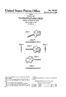 Cover page from US Patent 188.343, titled "Novelty Key". Includes seven drawings of an elephant-shaped key, shown from various views (front, back, side, etc.)