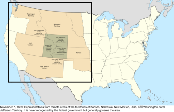 Map of the United States after the creation of the provisional Territory of Jefferson on October 24, 1859