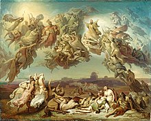 painting of a battle scene with men and horses fighting on the ground and angels fighting in the sky