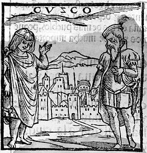 Die erste Darstellung von Cuzco in Europa (1553). Der Illustrator kannte Stadt und Bewohner nur vom Hörensagen.[9]