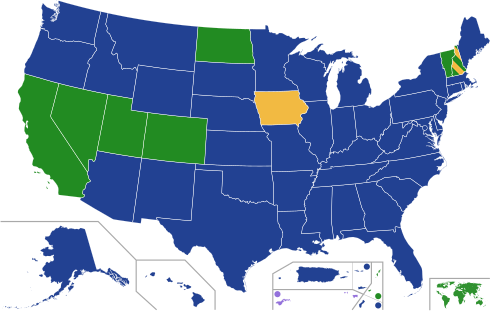 A map of 2020 Democratic Party presidential primary and caucus results. It reflects the winners, measured by the number of pledged delegates, in each state.