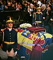 The funeral of King Michael I of Romania in December 2017, with a copy of the crown on the coffin.