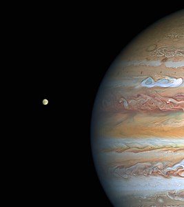 Jupiter and Europa, taken by Hubble on August 25, 2020, when the planet was 653 million kilometres from Earth. False colour image.[249]