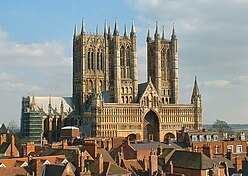 The West Front of Lincoln Cathedral seen from the Castle wall in 2006.