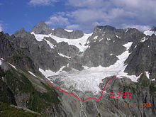 A dark mountain range showing the end of a glacier. There is a timestamp in orange: "08.07.2003". A red line well below the end of the glacier is marked "1985".
