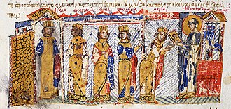 Five similarly dressed female figures, the imperial princesses, lined up in front of a woman wearing blue garments, their grandmother Theoktiste, handing an icon to one of the figures