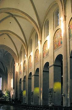 Mainz Cathedral, Germany, has rectangular piers and possibly the earliest example of an internal elevation of 3 stages. (Gothic vault)