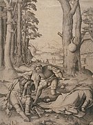 Muhammad and the Monk Sergius, engraving of 1508 by Lucas van Leyden (The soldier takes Muhammad's sword. see text)