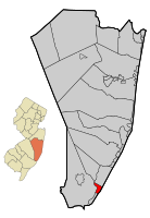 Location of Beach Haven in Ocean County highlighted in red (right). Inset map: Location of Ocean County in New Jersey highlighted in orange (left).