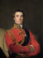 Painting of a clean-shaven man with his arms folded in a red military uniform.