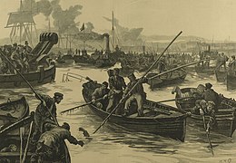 Thames watermen in a small rowing boats, using boathooks to pull the dead from the river