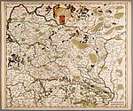 Administrative map of the Grand Duchy of Lithuania featuring Gediminas' Cap above the coat of arms of Lithuania in 1695