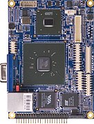 Pico-ITX board mit abgenommenen Kühlkörpern, CPU aufgelötet, 2008