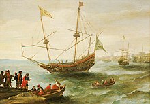 A square rigged ship leaving a harbor