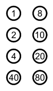 Die Grafik zeigt acht Braille-Punkte als Kreise, in die die Hexadezimalwerte der Punktnummern 1 bis 8 (1, 2, 4, 8, 10, 20, 40 und 80) eingetragen sind.