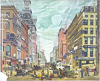 Broadway, north from Cortlandt & Maiden Lane, New York City, c. 1885–87 showing unsightly telephone and telegraph wires that were among the targets of late nineteenth century agitation for zoning laws.