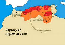 Map depicting the extent of Ottoman Algeria in 1560 and the routes of several expeditions