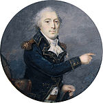 Painting shows a white-haired man pointing to the viewer's right. He wears a dark blue military uniform of French Revolution vintage.
