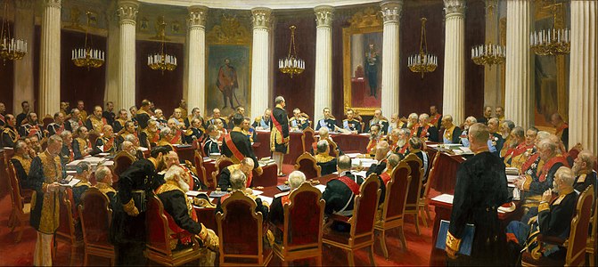 Ceremonial Sitting of the State Council on 7 May 1901 Marking the Centenary of its Foundation (1902–1903). Repin was a pioneer in photographic realism.