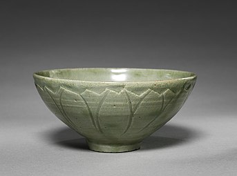 Korean bowl with a lotus petal design in relief; 1100 (Goryeo period); porcelain celadon ware; Cleveland Museum of Art