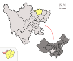 Location of Qingchuan County (red) and Guangyuan (yellow) within Sichuan