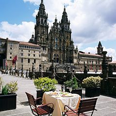 View of the Santiago de Compostela Cathedral from the Hostal's bar terrace.