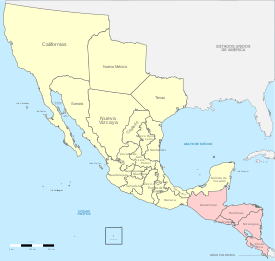 A map of the First Mexican Empire (1822–1823) with Central America shown in pink