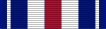 A multicolored military ribbon. From left to right the color pattern is; thin blue stripe, thin white strip, thick blue stripe, thinck white stripe, thick red stripe, thick white stripe, thick blue stripe, thin white strip, thin blue stripe.