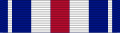 A horizontal blue bar ribbon charged with two thin white bars off of the left and right ends and three equal-width bars in the center (red in the center surrounded by white on either side)
