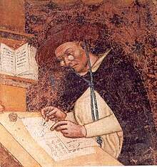 Fresco of a middle-aged man in a hat and glasses, writing a book