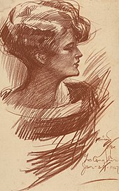 A brown and yellow profile sketch of a woman with bobbed hair drawn with Conté crayon