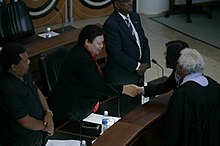 Comua (left) shakes hand with the President of Republic of China (Taiwan), Tsai Ing-wen inside the House of Parliament of National Parliament of the Solomon Islands on 11 November 2017.