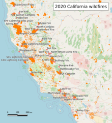 A map of wildfires across California in 2020 using MODIS satellite data of wildfire detections